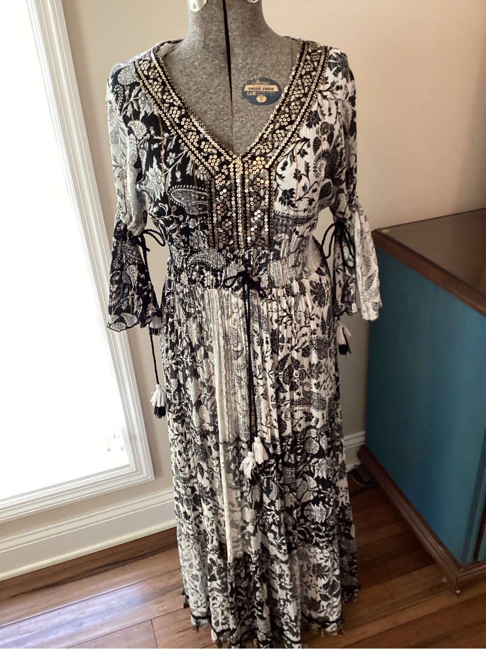 Me 2 Magic Whimsical Embellished Black & White V-Neck Maxi Dress with Tassels